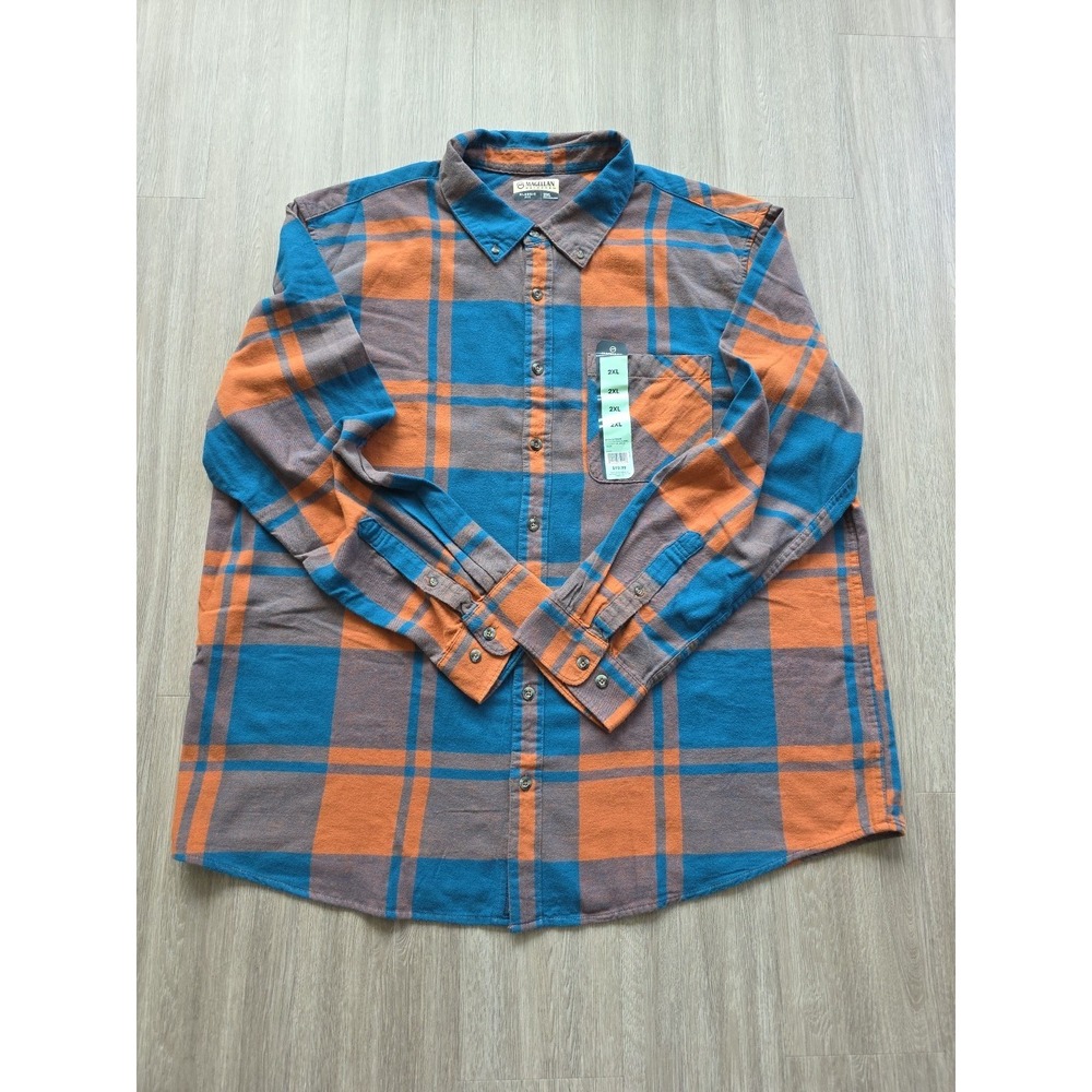 Magellan Outdoors Mens 2XL Flannel Shirt Plaid Blue Orange Brown Classic Fit NWT
